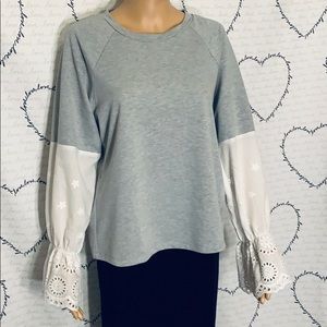 NWT Gilli Crewneck Top Cotton Embroidered Sleeves